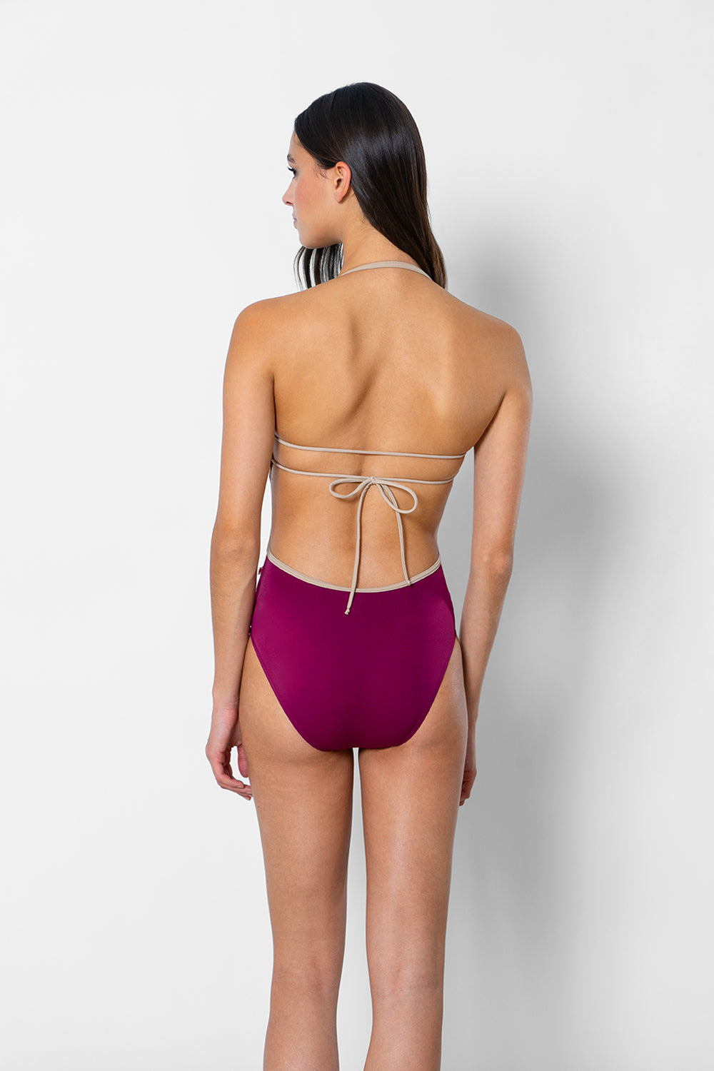 Kate leotard in T-Maroon body color with T-Mosaic trim color