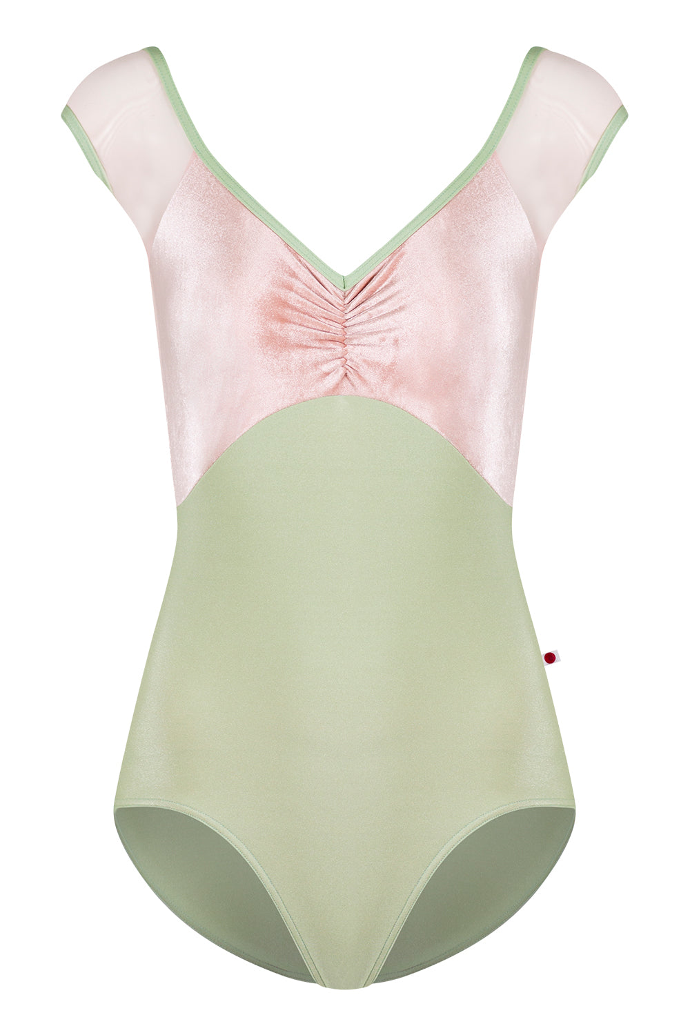 Elli leotard in N-Ginko body color with V-Blush top color, Mesh Blush cap sleeves and N-Ginko trim color