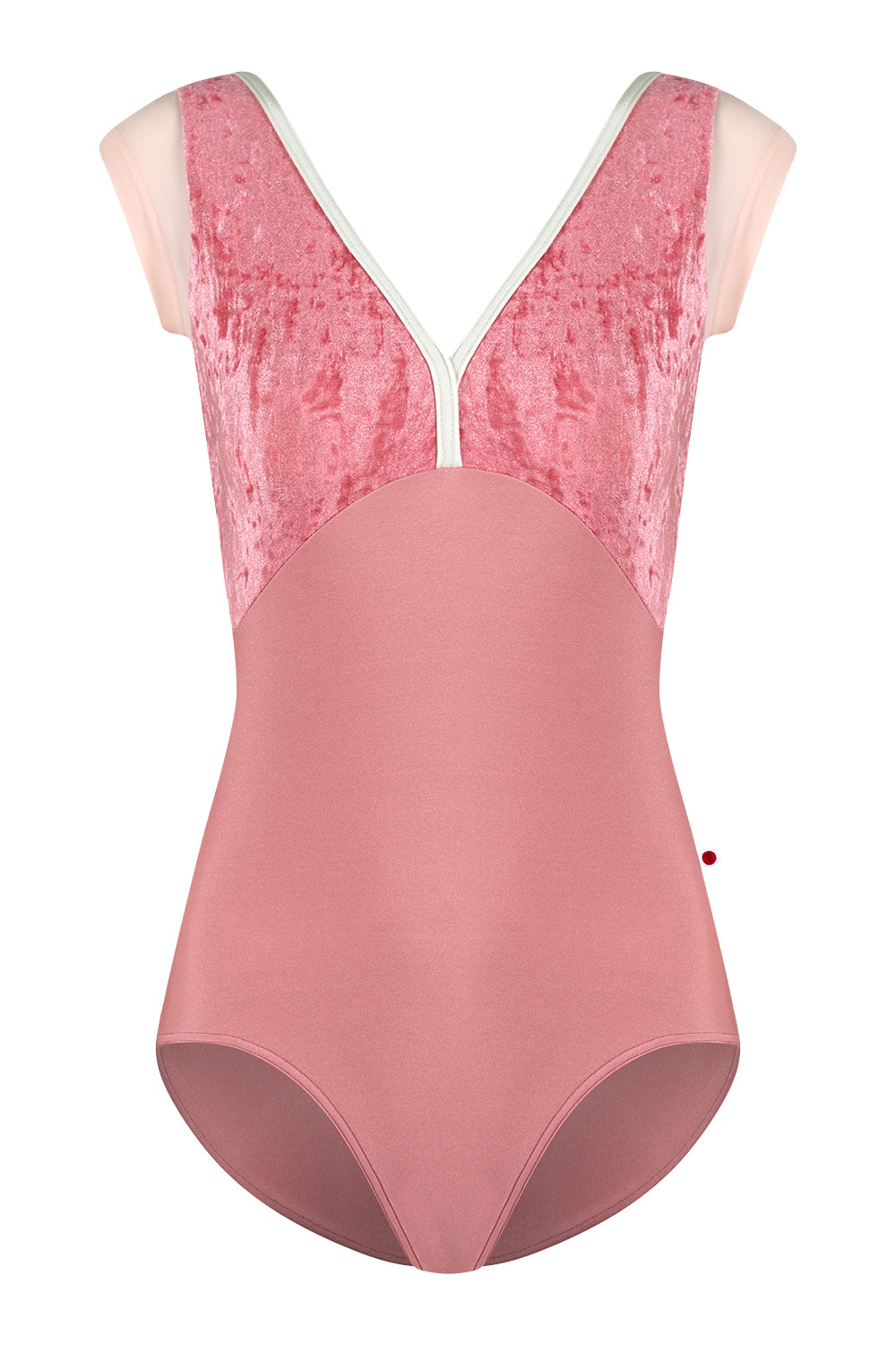 Alicia leotard in N-Antique Rose body color with CV-Romance top color, T-Misty Rose cap sleeve color and N-Antique trim color 