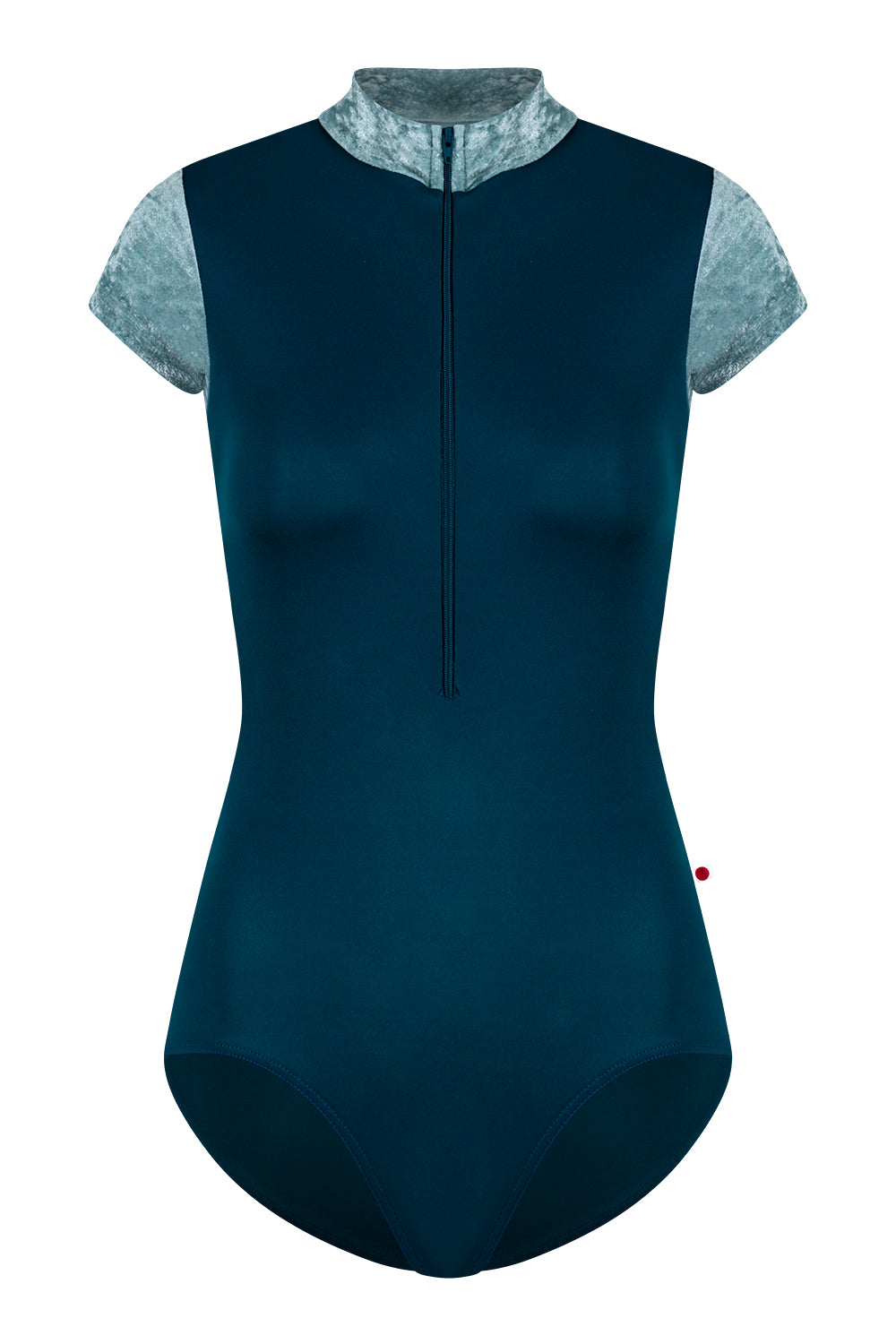 Charlotte leotard in T-Zenith body color with Mesh Lagoon top color, CV-Ice short sleeves & collar color and T-Zenith trim color