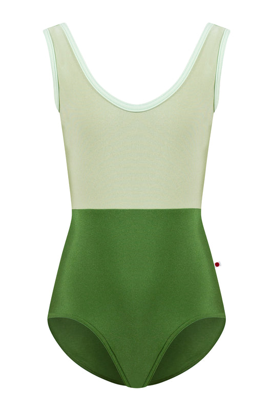 Kids Anna Duo leotard in N-Lucky body color with N-Ginko top color and T-Pistachio trim color