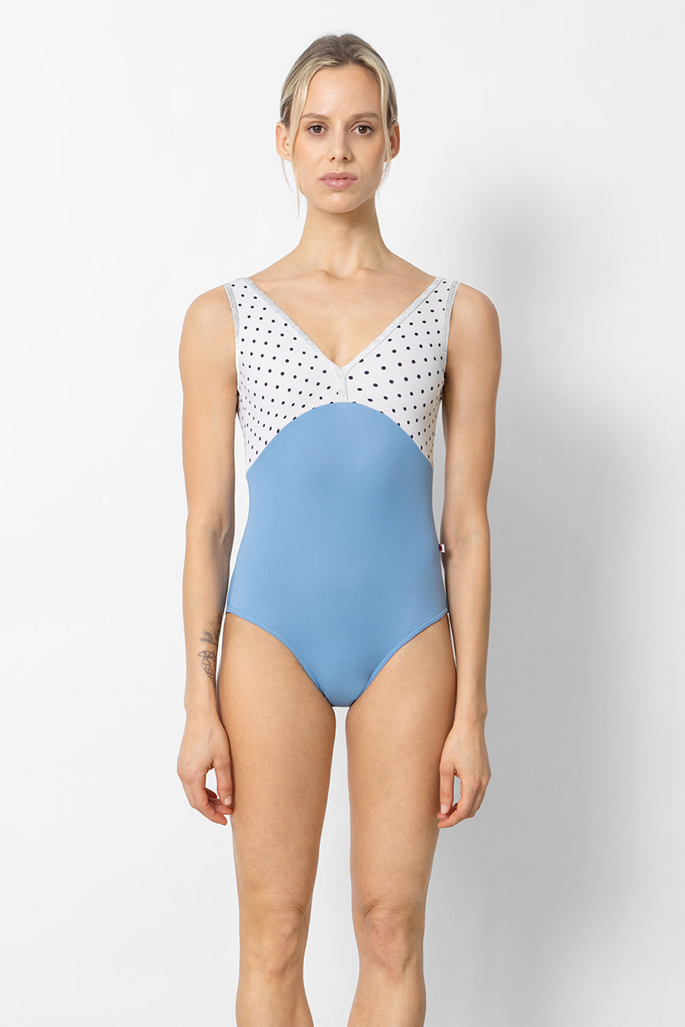 Alicia leotard in T-Bluebell body color with T-Polka Dot top color and CV-Silver trim color