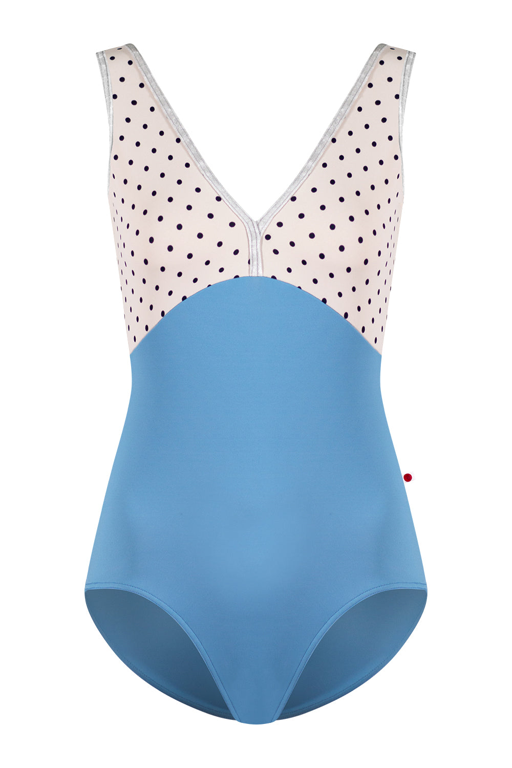 Alicia leotard in T-Bluebell body color with T-Polka Dot top color and CV-Silver trim color