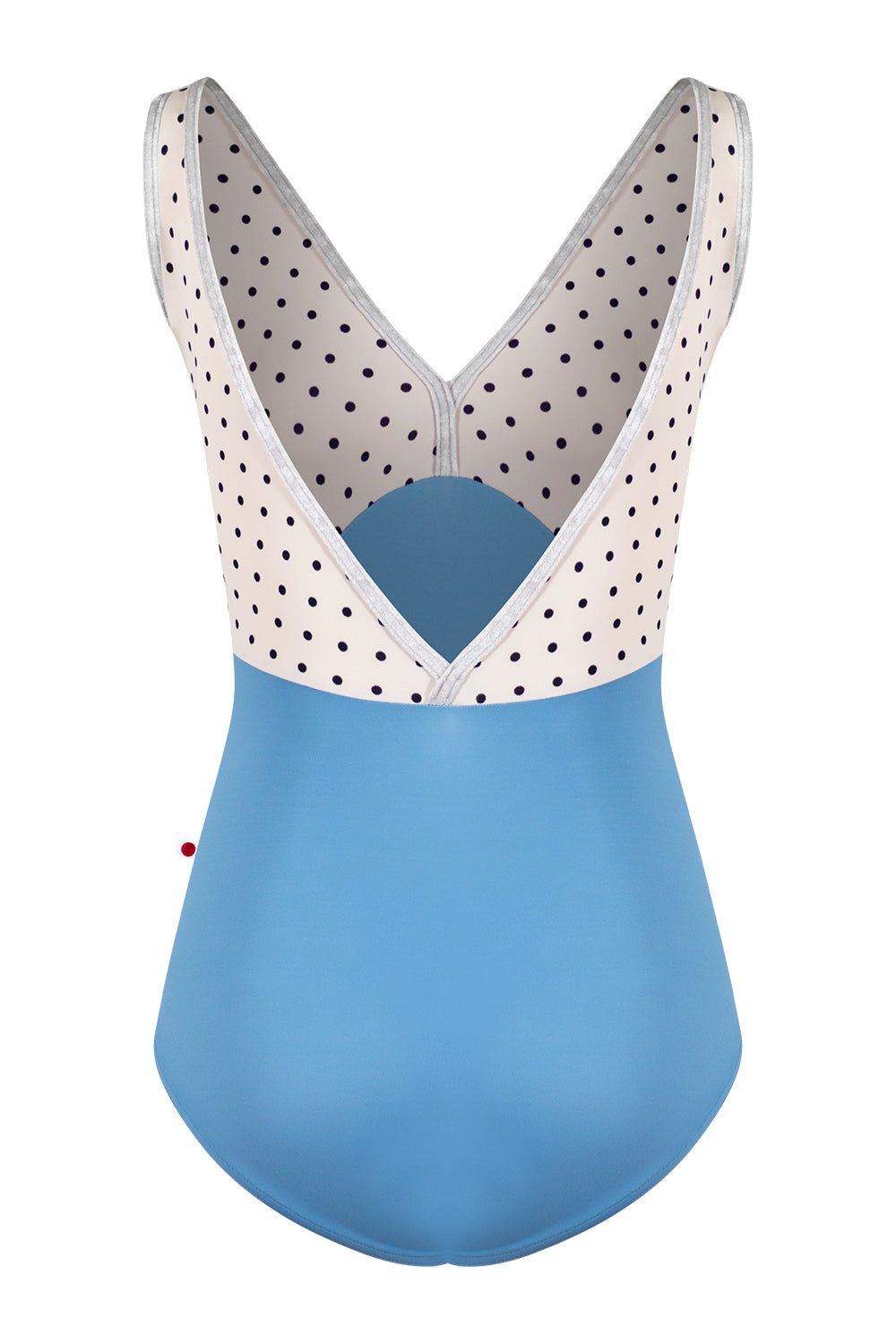 Alicia leotard in T-Bluebell body color with T-Polka Dot top color and CV-Silver trim color