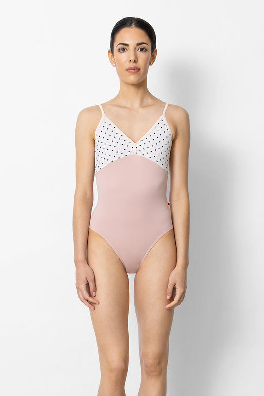 Daria leotard in T-Petal body color with T-Polk Dot top color and T-Misty Rose trim color