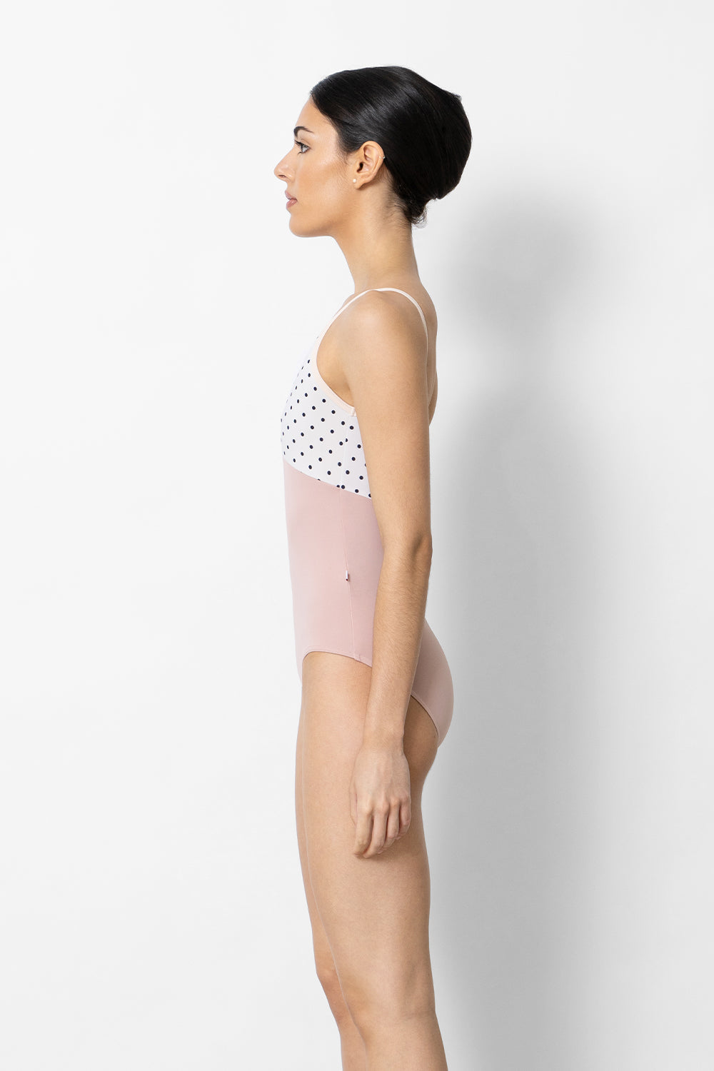 Daria leotard in T-Petal body color with T-Polk Dot top color and T-Misty Rose trim color