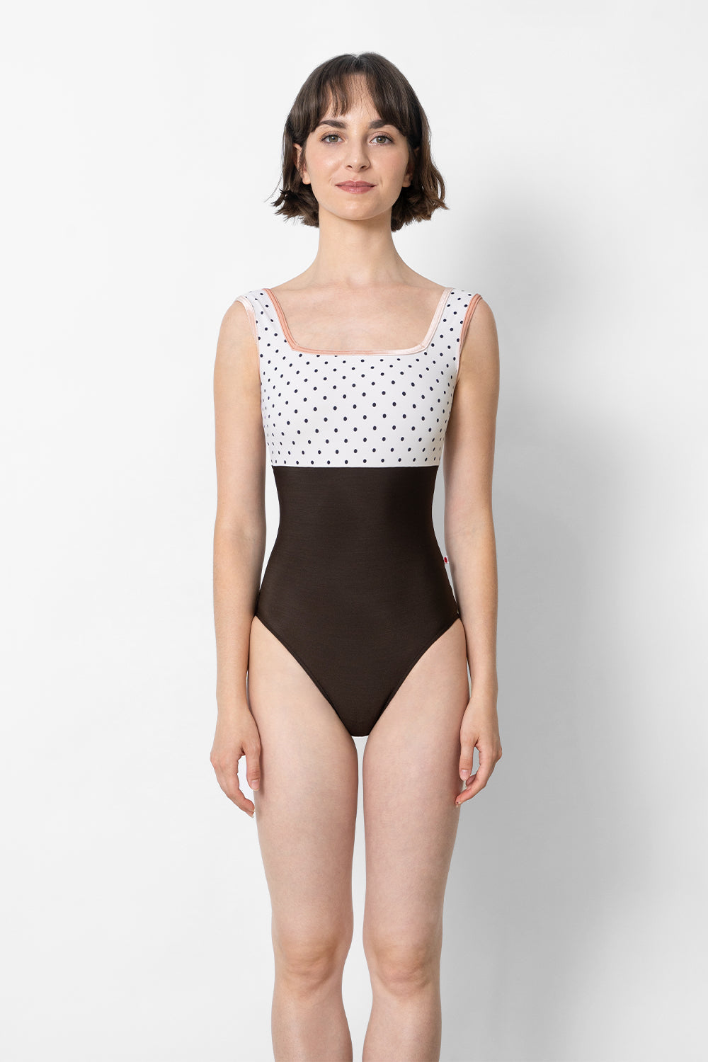 Marieke Duo leotard in N-Espresso body color with T-Polka Dot top color and V-Blush trim color