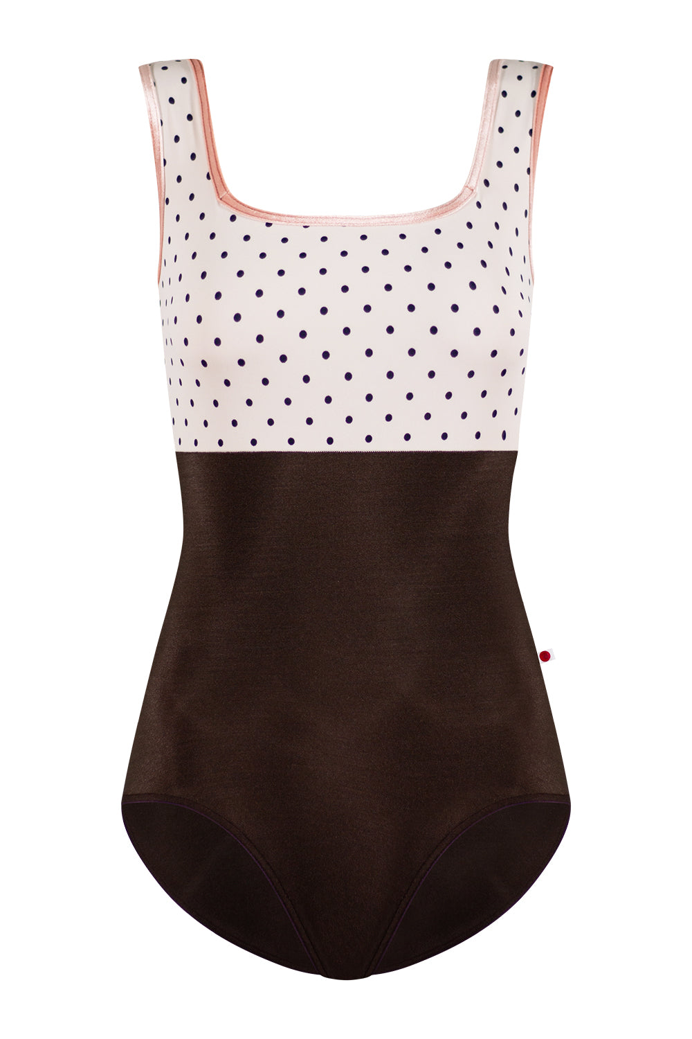 Marieke Duo leotard in N-Espresso body color with T-Polka Dot top color and V-Blush trim color