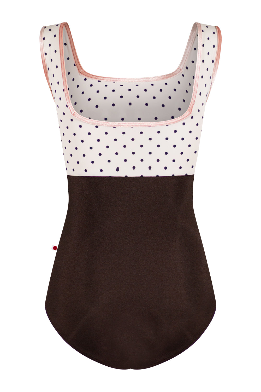 Marieke Duo leotard in N-Espresso body color with T-Polka Dot top color and V-Blush trim color