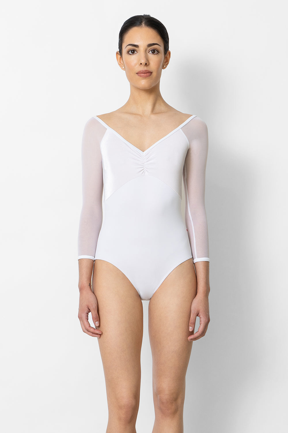 Elli leotard in N-White body color with V-White & Mesh White top color, N-White trim color and 3Q Sleeves