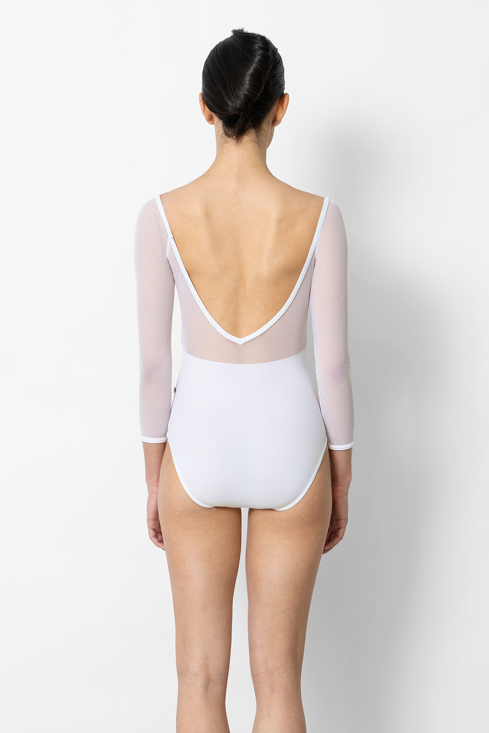 Elli leotard in N-White body color with V-White & Mesh White top color, N-White trim color and 3Q Sleeves