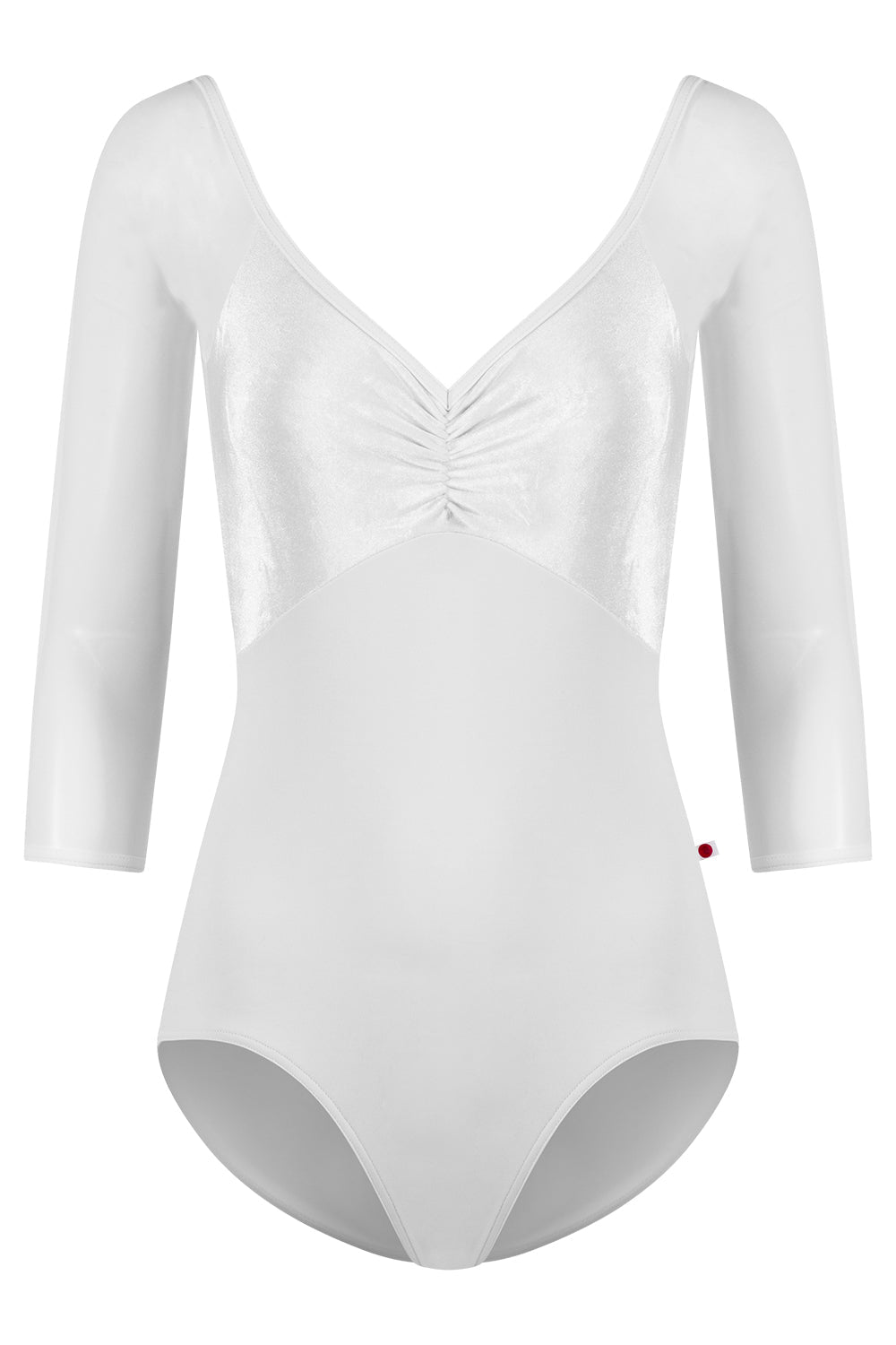 Elli leotard in N-White body color with V-White & Mesh White top color, N-White trim color and 3Q Sleeves