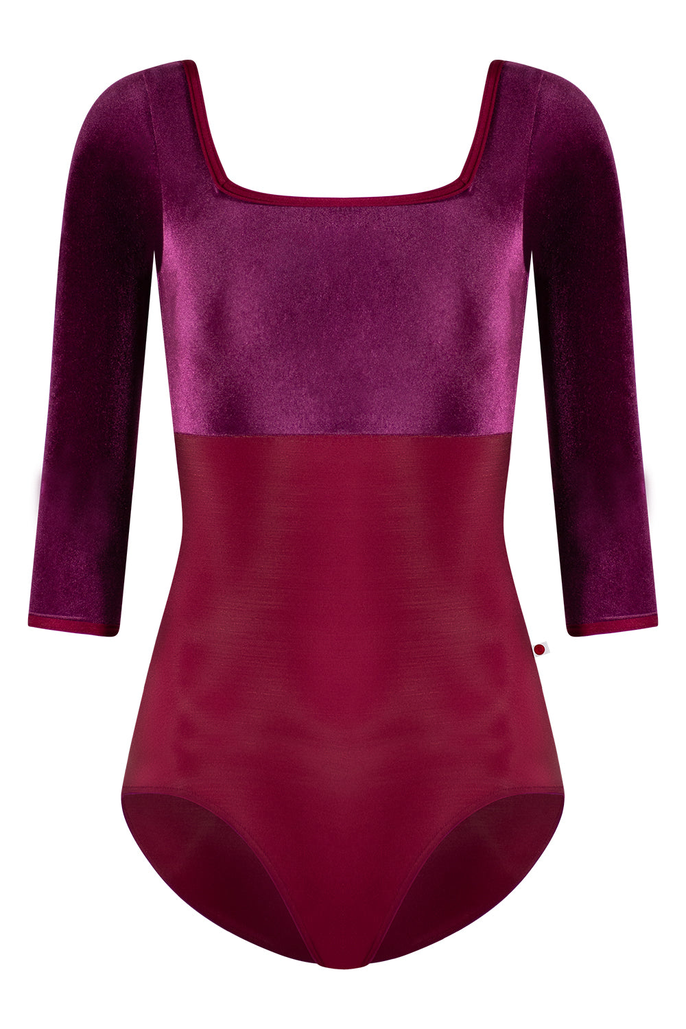 Marieke leotard in N-Burgundy body color with V-Roxy top color, 3Q Sleeves and N-Burgundy trim color