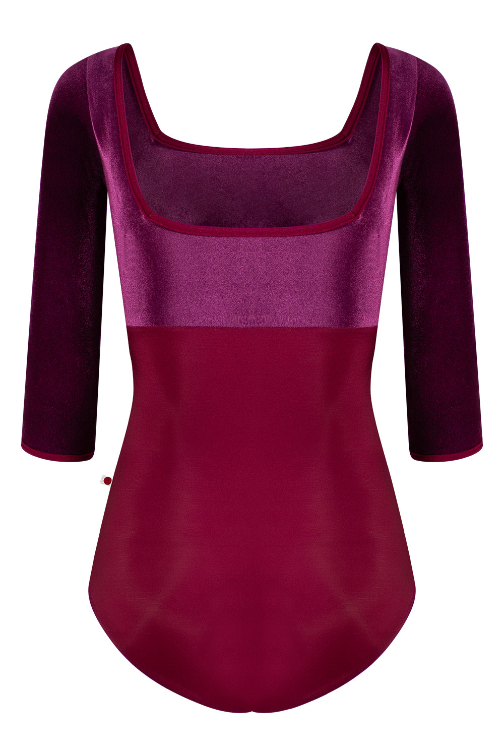 Marieke leotard in N-Burgundy body color with V-Roxy top color, 3Q Sleeves and N-Burgundy trim color