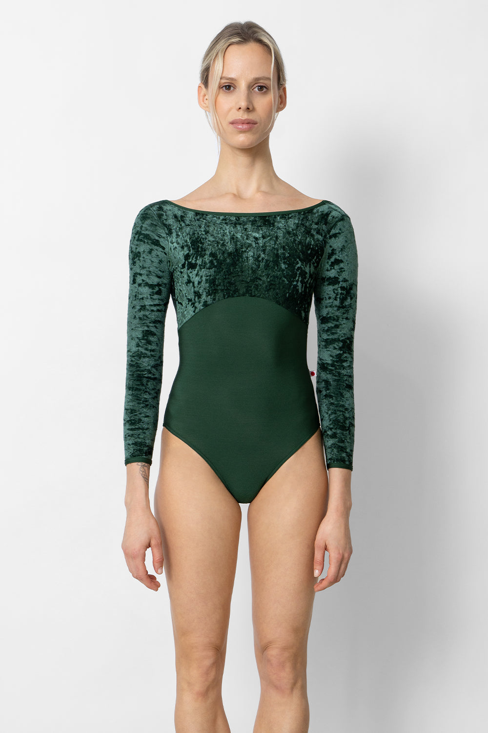 Sofiane Duo leotard in N-Huntress body color with CV-Pine top color & 3Q sleeves and N-Huntress trim color