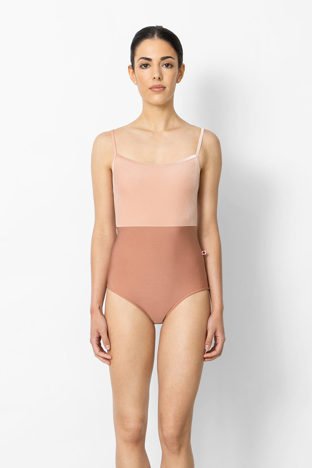 Daniela Duo leotard in N-Rosewood body color with V-Blush top & trim color