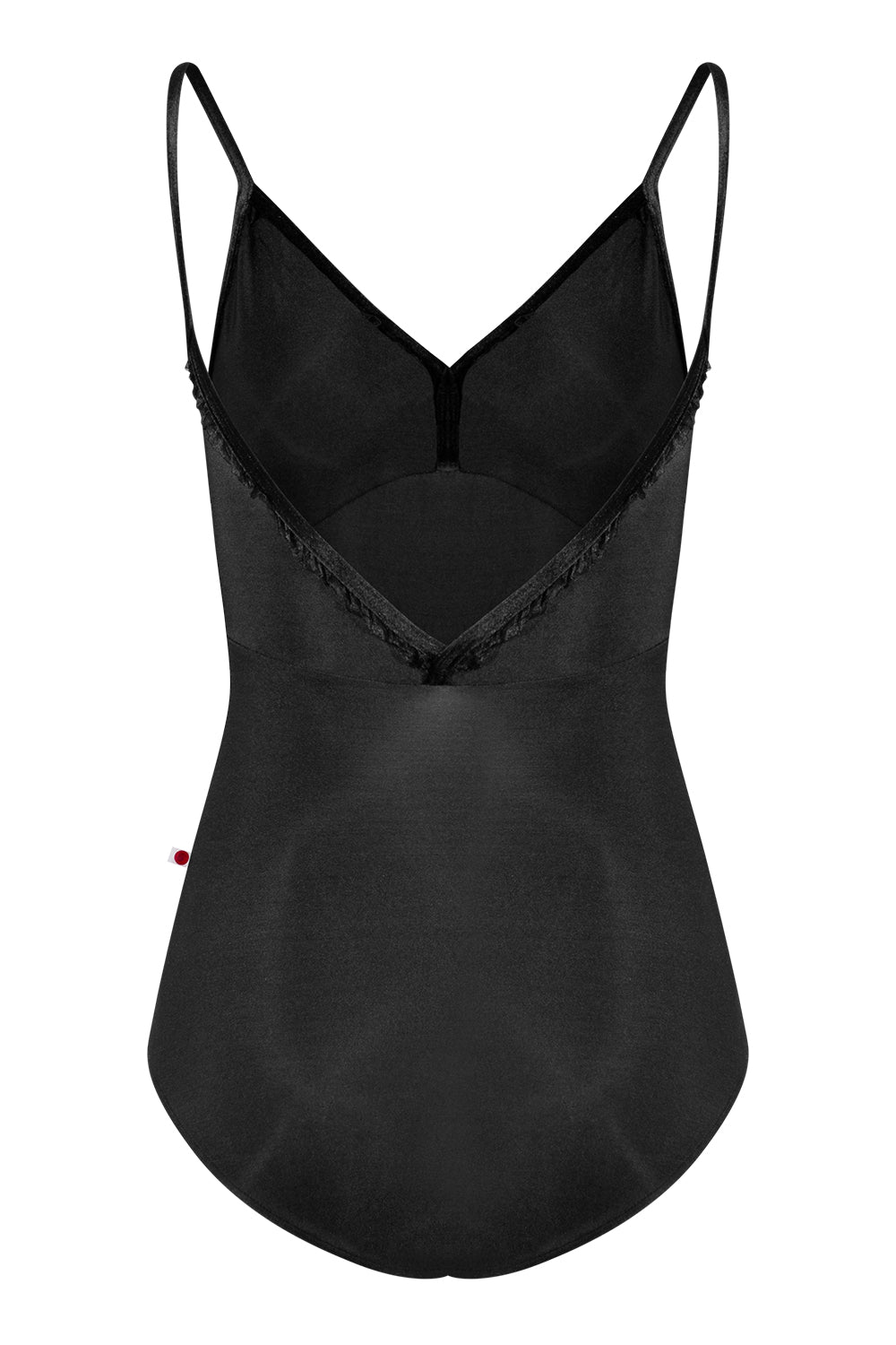 Daria leotard in N-Black body & top color with V-Black trim color and Black Ruffle