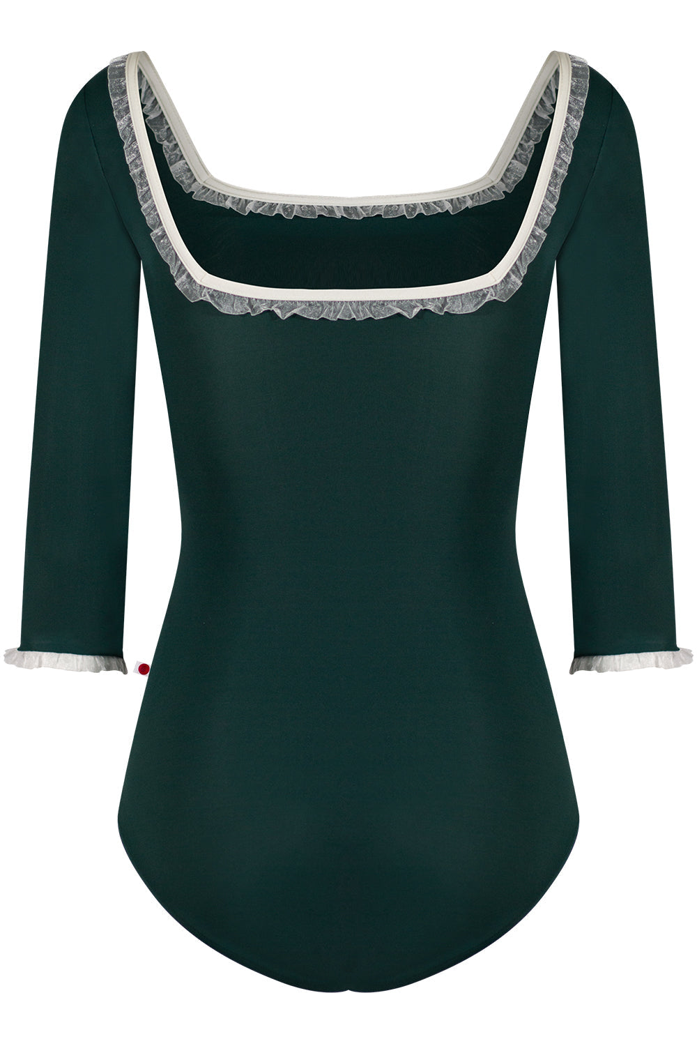 Marieke leotard in T-Kale body color with 3Q sleeves, N-Antique trim color and White Ruffle