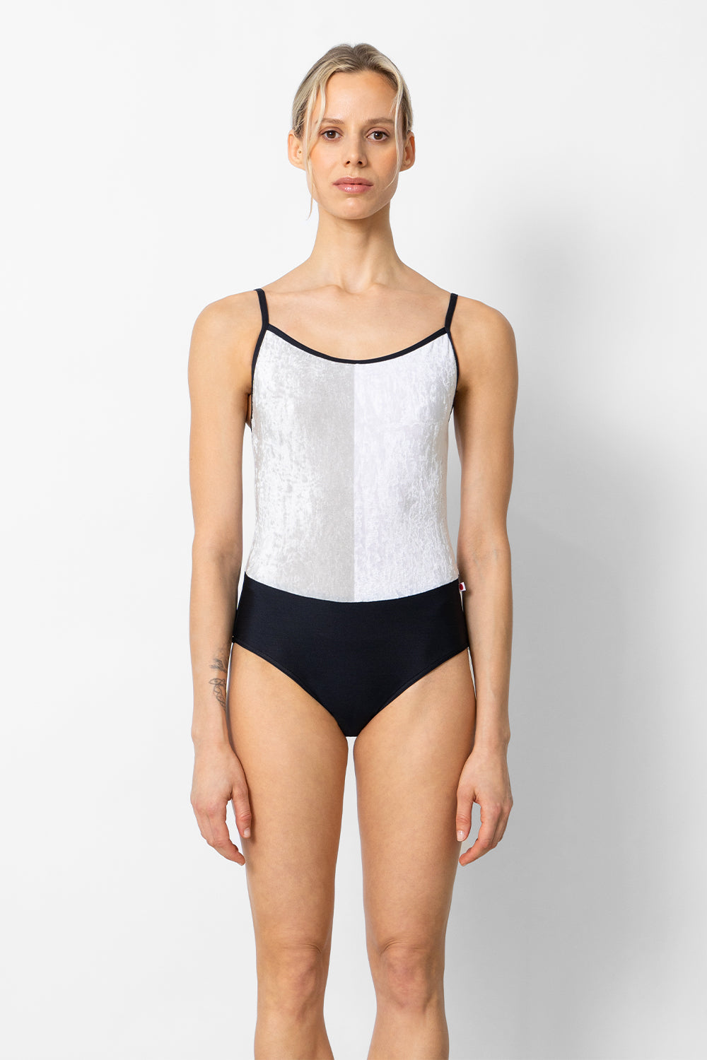 Kayoko leotard in N-Black body color with CV-Silver top right color, CV-White top left color and N-Black trim color