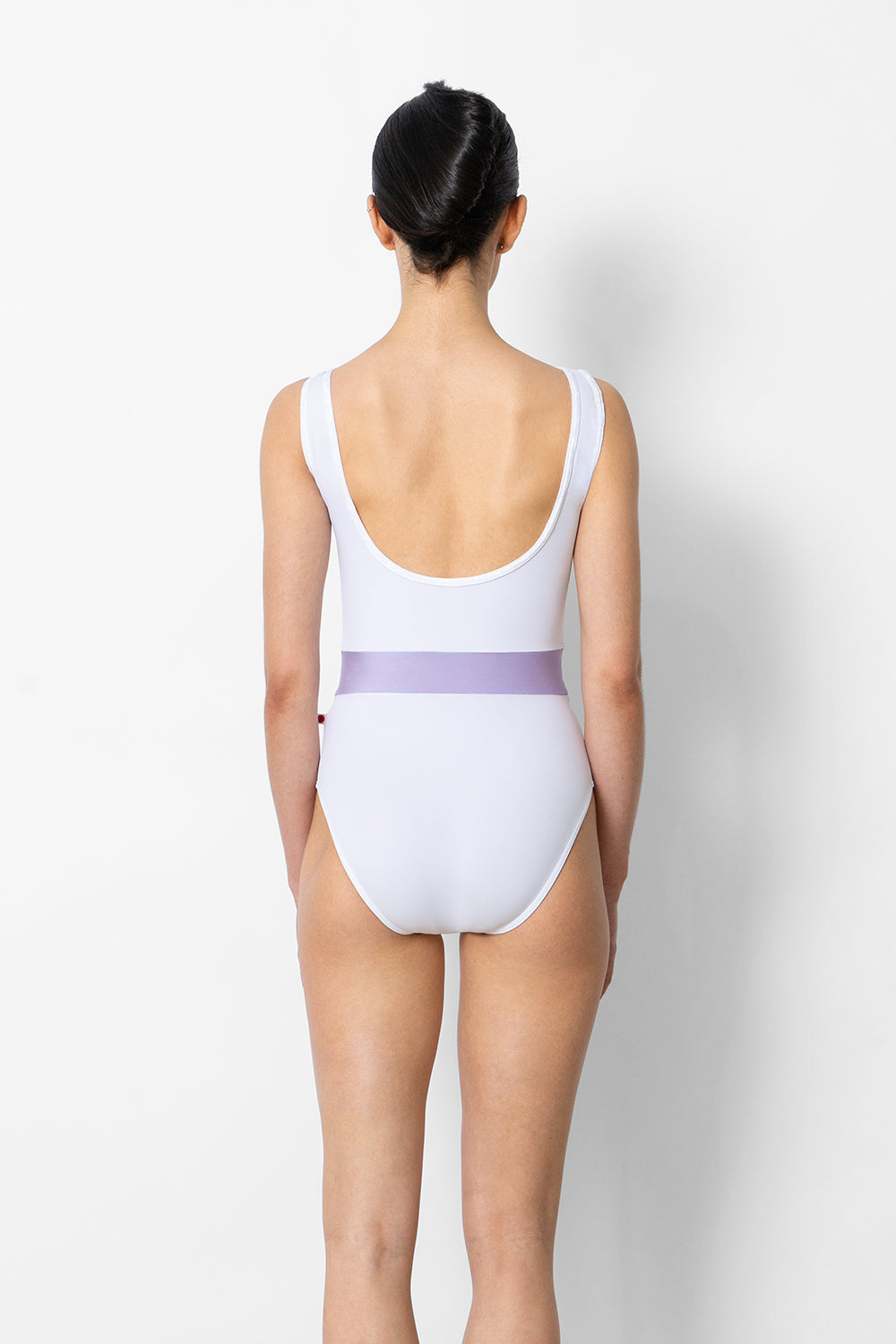 Lucy leotard in T-White body & top color with N-Poem middle band color and CV-White trim color