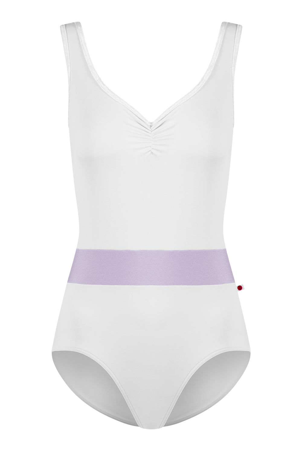 Lucy leotard in T-White body & top color with N-Poem middle band color and CV-White trim color