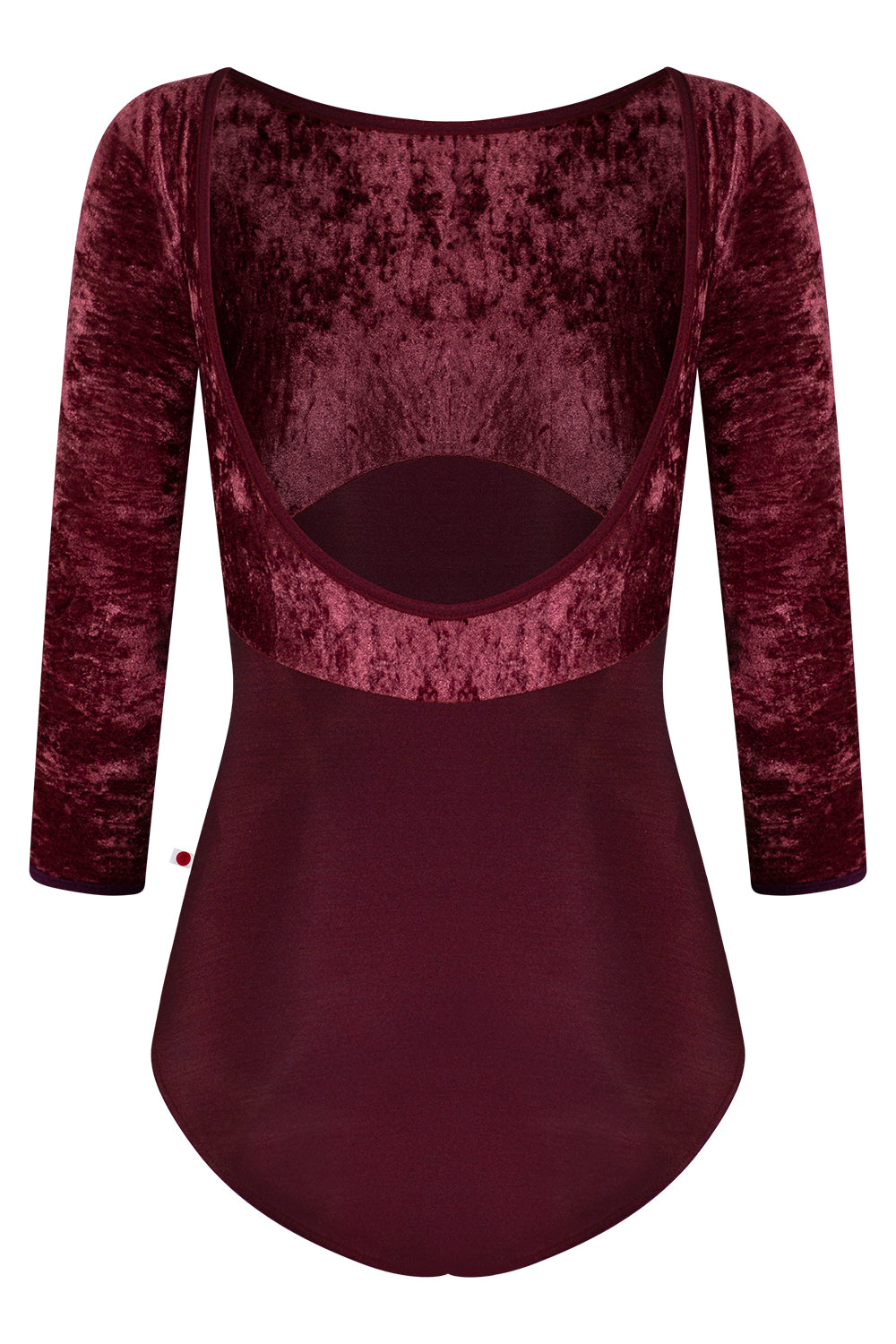 Sofiane leotard in N-Burgundy body color with CV-Garnet top color, N-Burgundy trim color and 3Q sleeves