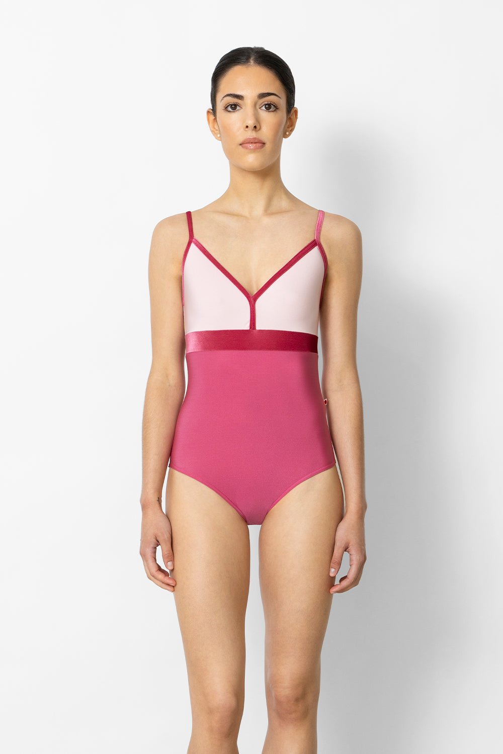 Zoe leotard in N-Waltz body color with N-Rose top color and V-Peony trim & middle band color