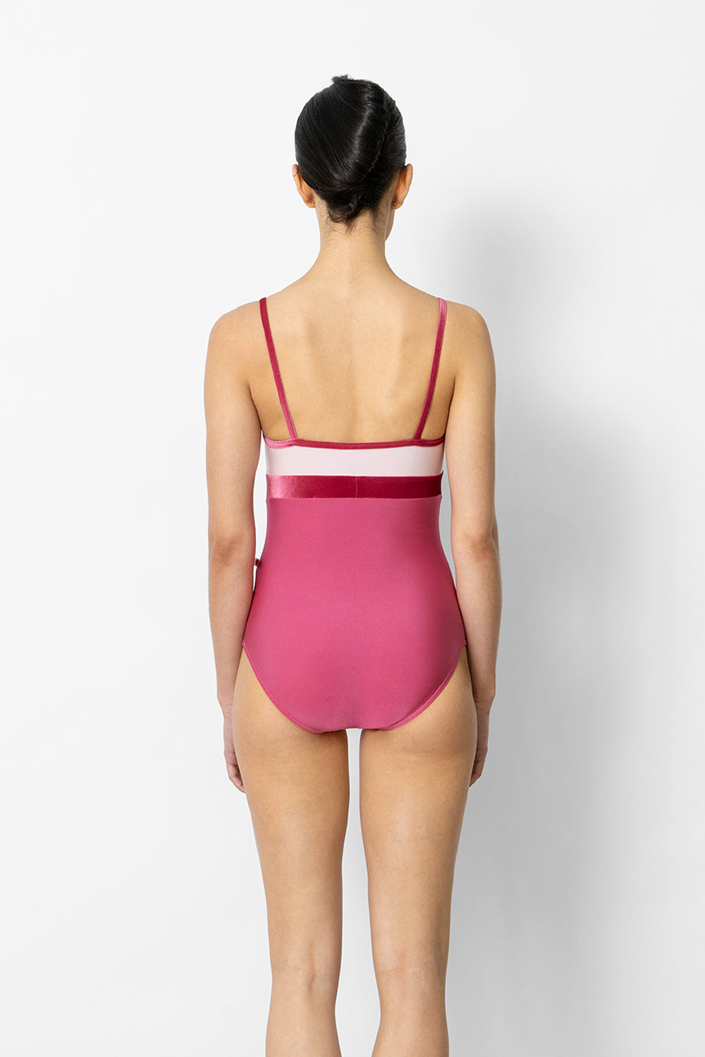 Zoe leotard in N-Waltz body color with N-Rose top color and V-Peony trim & middle band color