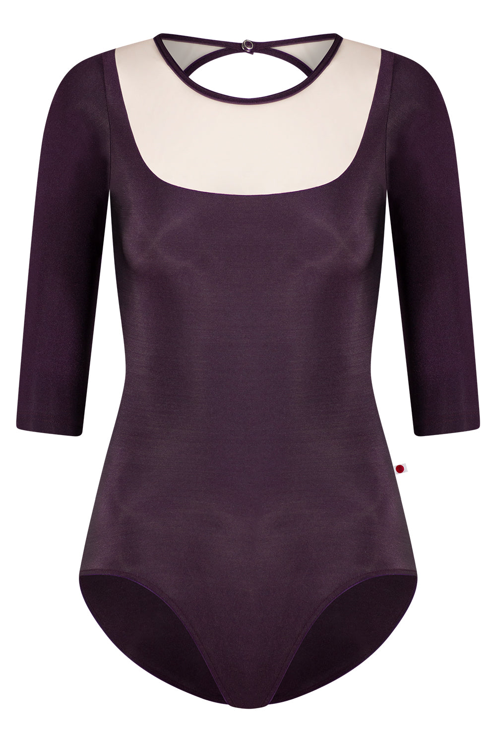 Cynthia leotard in N-Eggplant body color with Mesh Blush top color and N-Eggplant trim color & 3Q sleeves