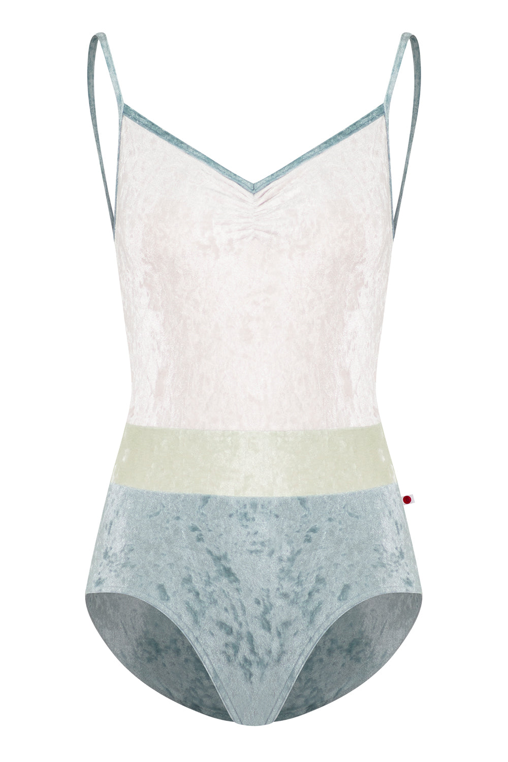 Micha leotard in CV-Ice body color with CV-White top color, CV-Ice trim color and CV-Pistachio middle band color