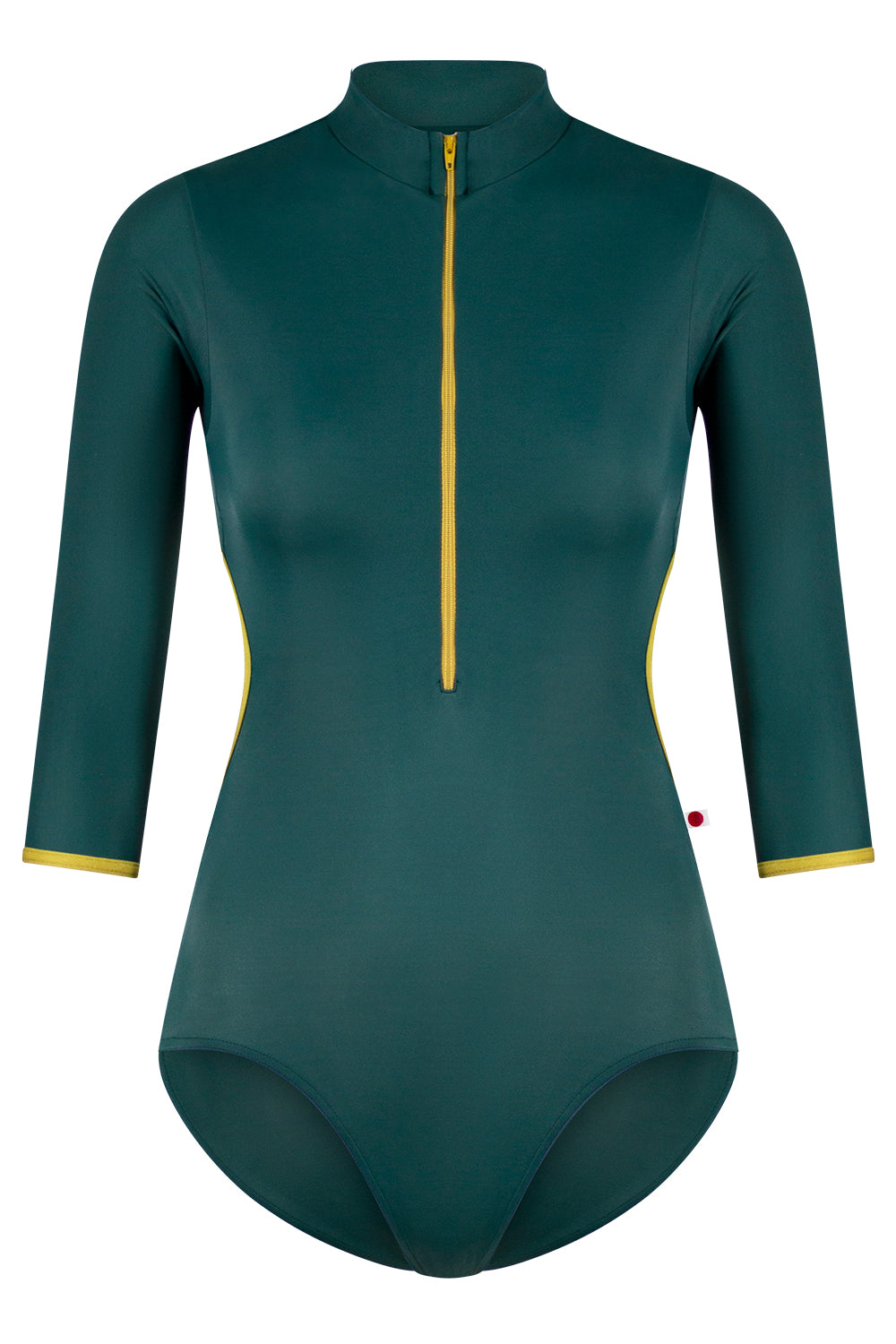 Charlotte leotard with 3Q sleeves in T-Kale body & sleeve color with N-Cricket trim & Zipper color