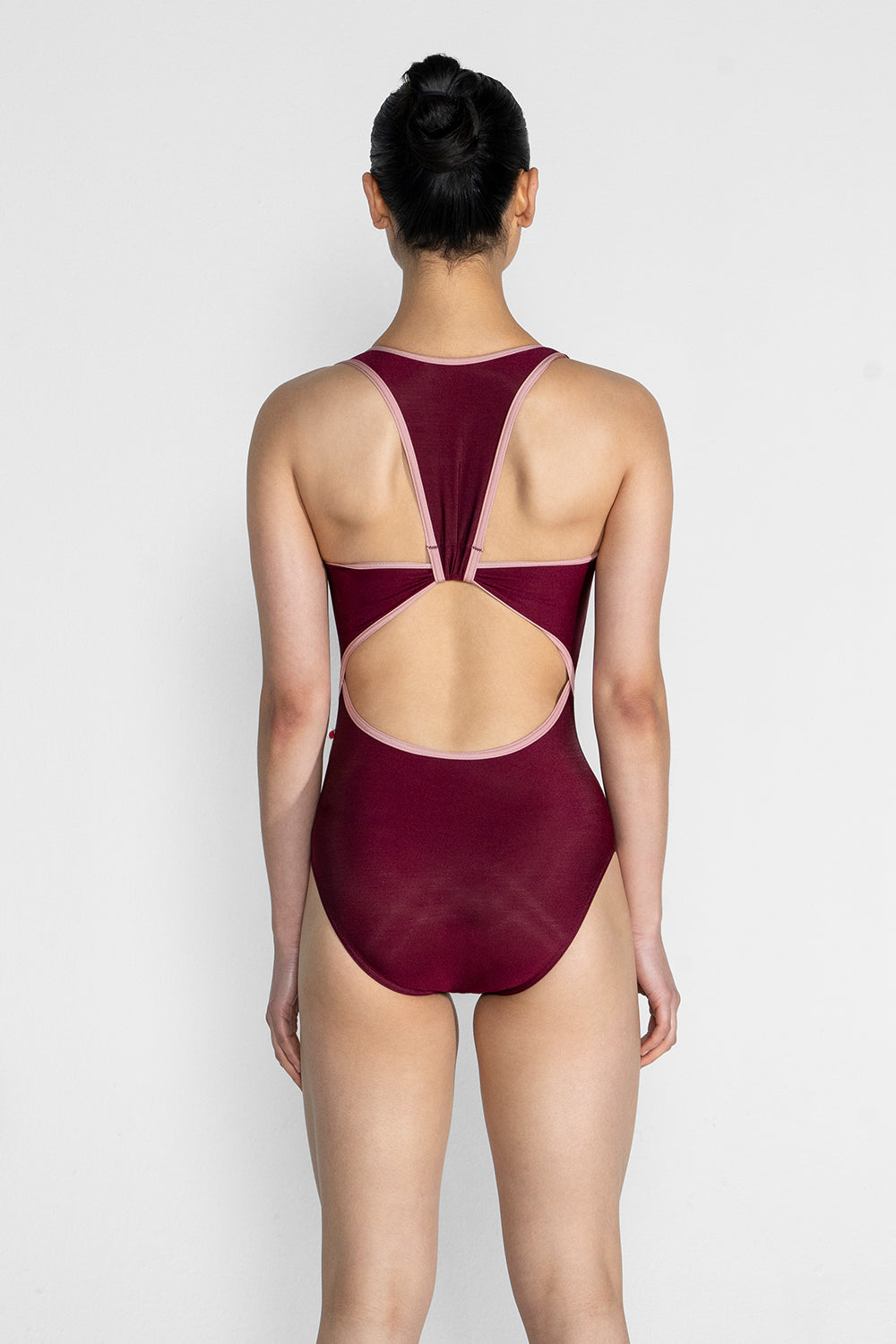 Alex leotard in N-Burgundy body color with N-Antique Rose trim