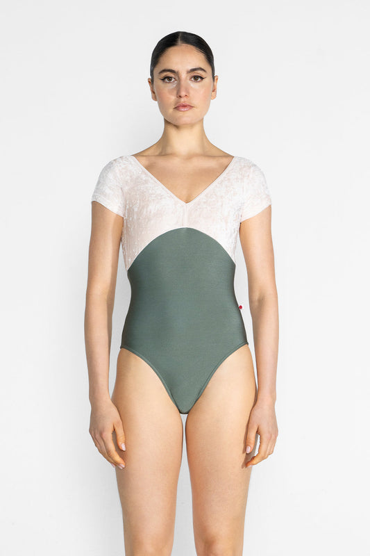 Alicia leotard in N-Sage body color with CV-Misty Rose top color and T-Misty Rose trim color