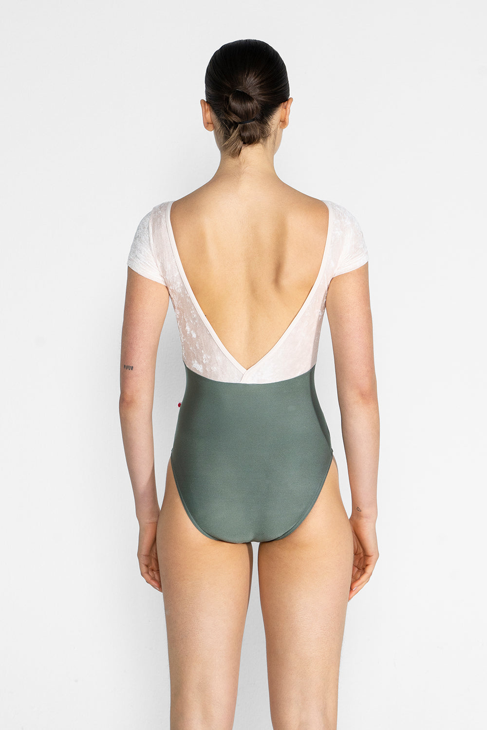 Alicia leotard in N-Sage body color with CV-Misty Rose top color and T-Misty Rose trim color