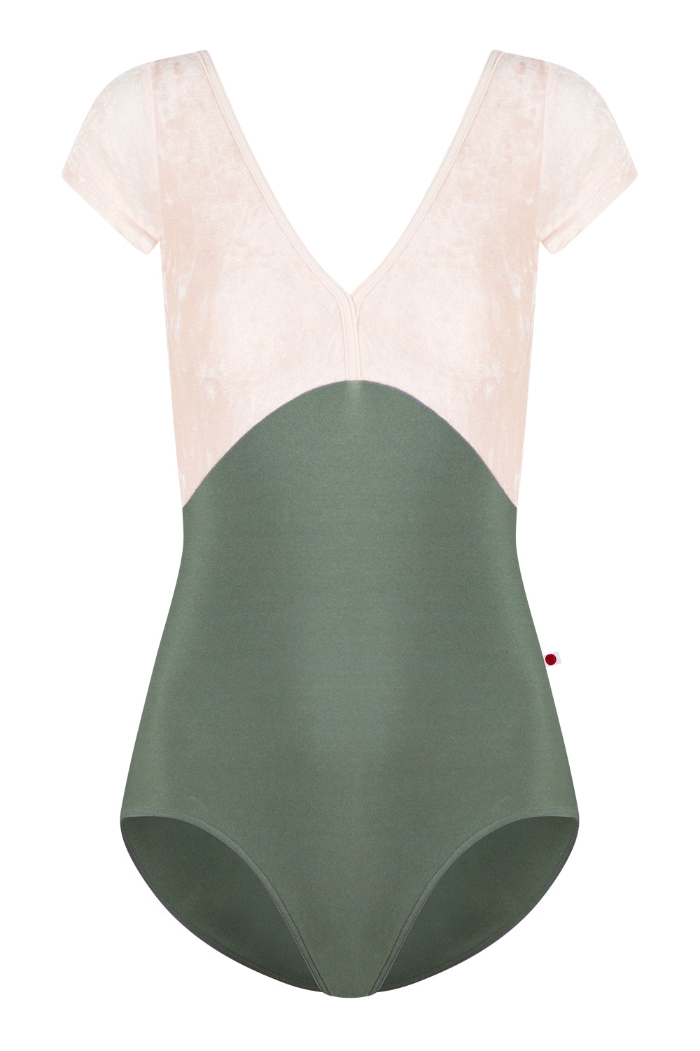 Alicia leotard in N-Sage body color with CV-Misty Rose top color and T-Misty Rose trim color