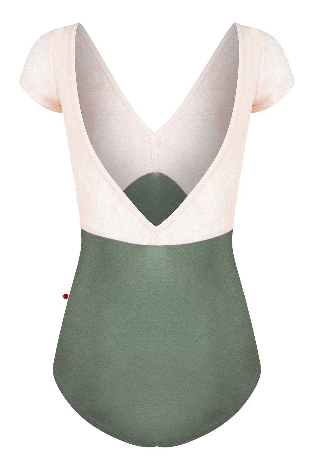 Alicia leotard in N-Sage body color with CV-Misty Rose top color and T-Misty Rose trim color