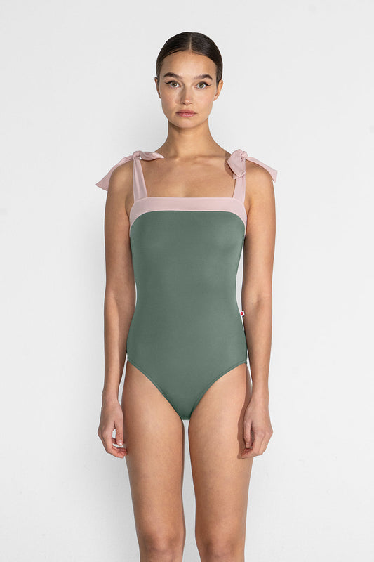 Mimi leotard in T-Sage body color with T-Petal top color